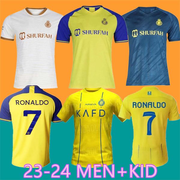 

23 24 al nassr fc soccer jerseys ronaldo 2023 home yellow away cr7 gonzalo mane martinez talisca fans player version men kids kit football s, Black;yellow