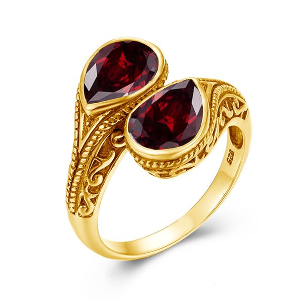 

wedding rings szjinao yellow gold red garnet ring for women tear drop stones luxury handmade engraved party jewelry trending gift female 230, Slivery;golden
