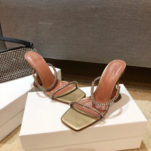 

amina muaddi gilda bronze leather crystal embellished strap slippers mules evening shoes rhinestone women heels luxury designers heeled sand, Black