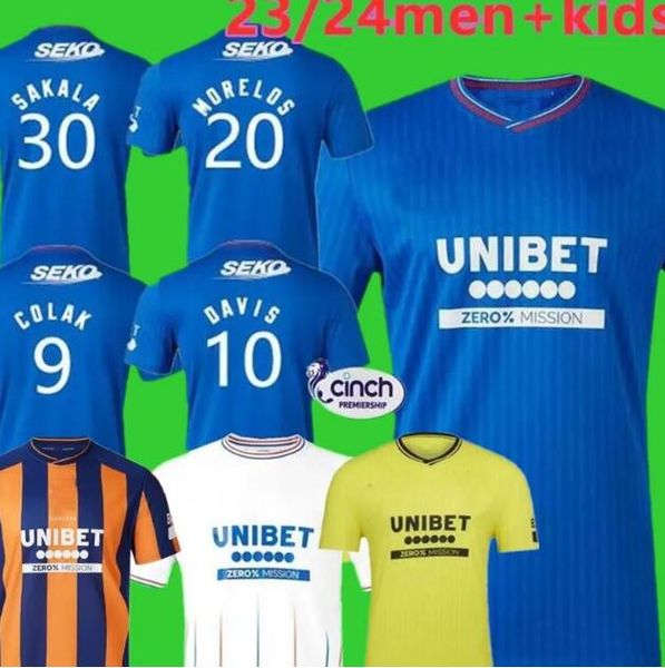 

2023 2024glasgow rangers soccer jerseys home blue sakala kent tavernier morelos colak hogan football shirt men kids kit fans player version, Black;yellow