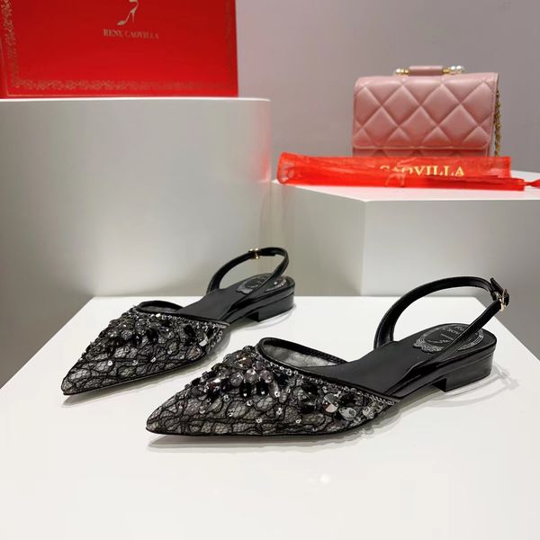 

rene caovilla sandals fashion flat bottom women pointed toe wrap lace mesh crystal decorative dress shoes casual party factory designer shoe, Black