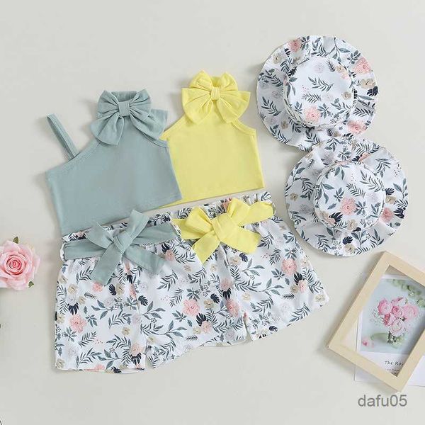 

clothing sets colors fashion kids girls clothes sets 3pcs summer one shoulder strap flowers print belted shorts headband r230816, White