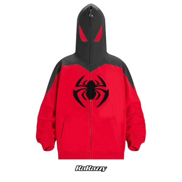 

spider man warsuit full zip hoodie eyes hollowed out and visible hooded autumn winter american street trend jacket rx82, Black