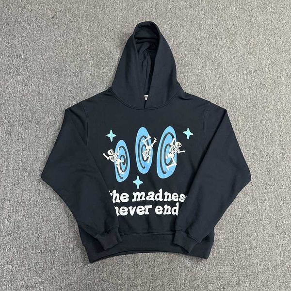 

broken planet market letter foaming print hooded and velvet sweater for men and women's couples autumn and winter, Black