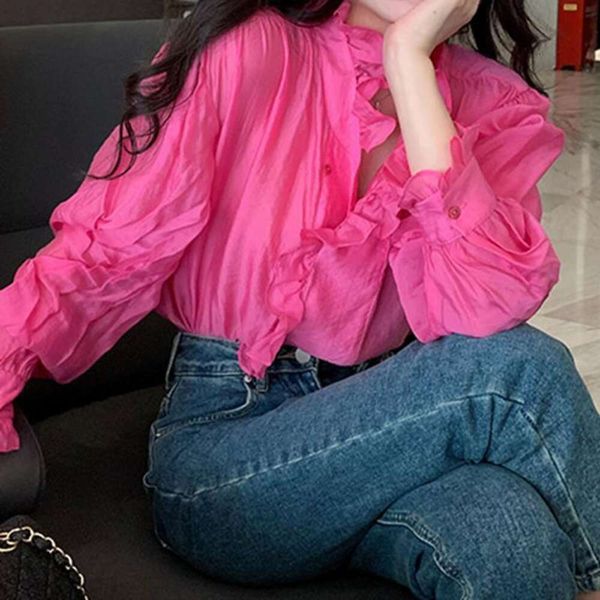 

rose red ruffled long sleeved shirt with a sense of design for small group women., White