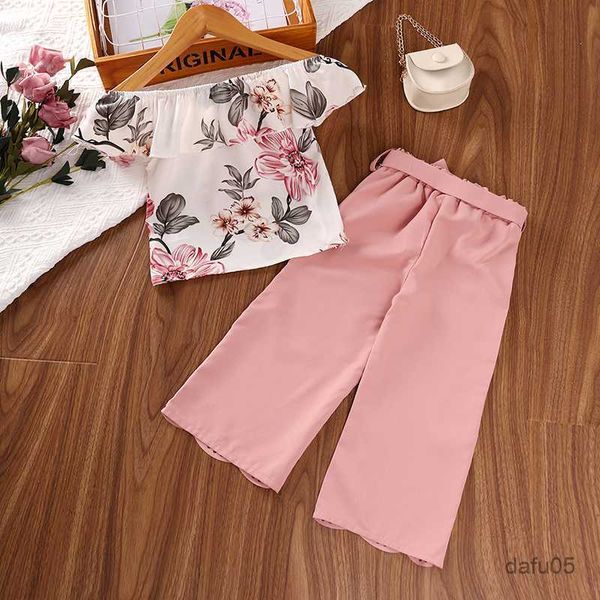 

clothing sets summer girls' set casual style one shoulder printed ruffled and solid color pants belt cutout fashion r230816, White