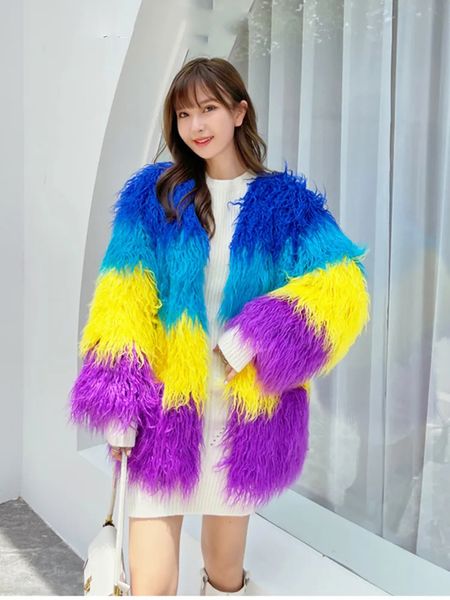 

winter coat women rainbow fluffy faux fur coat women luxury mid long oversize ladies coats and jackets, Black
