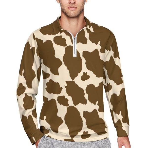 

mens polos farm animals polo shirts daily brown spots cow print zipper casual shirt long sleeve collar streetwear graphic oversize tshirts 2, White;black