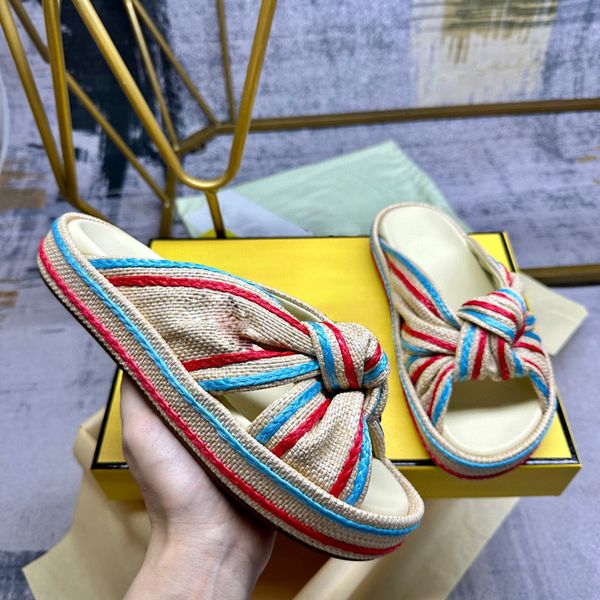 

designer slippers tie a knot raffia straw espadrille men women thick bottom sandals slip mules slides lady platform wedges square toe flip f, Black