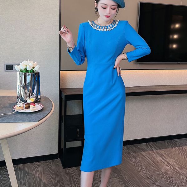 

2023 women's new dress autumn and winter high grade heavy duty nail diamond unique slim annual meeting dress 7, Black;gray