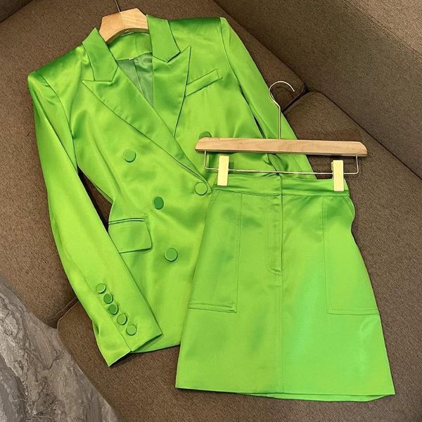 

two piece dress women fall spring double breasted faux silk suits coat ol satin blazer jacket glossy cardigan a-line short skirt two piece s, White