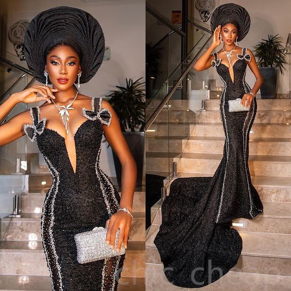 

2023 august aso ebi black mermaid prom dress beaded sequined lace evening formal party second reception birthday engagement gowns dresses ro