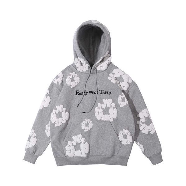 

tears puff men's hoodies winter readymade foam flower co branded denim printed distressed pullover cap embroidery white kapok tidal swe, Black