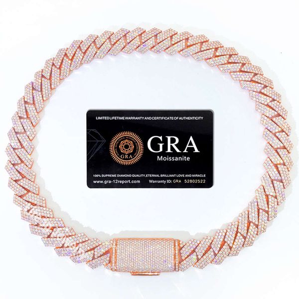 

18 mm 3 rows vvs moissanite jewelry rose gold plated moissanite cuban chain hip-hop necklace for men or women, Silver