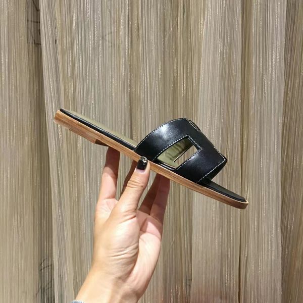 

designer sandals ladies sandals summer flat leather slides fashion beach women luxury sandal letter drag size 35-42 with box, Black