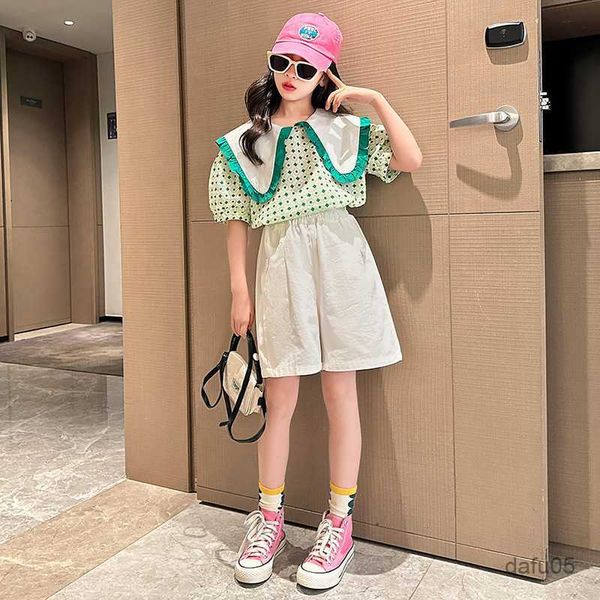 

clothing sets girls streetwear clothing summer fashion shawl collar print pullover elastic waist shorts 2pcs casual outfit kid wear r230816, White