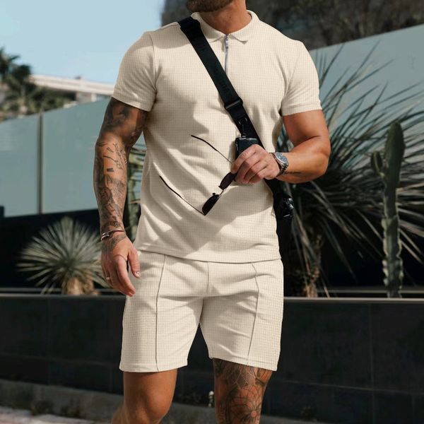 

mens tracksuits summer solid color outfits casual lapel short sleeve tshirts shorts two piece sets fashion male waffle loose tracksuit 23081, Gray