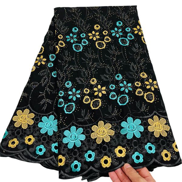

embroidery swiss voile lace fabric 5 yards cotton cloth with rhinestones nigerian ladies wedding formal dress sewing craft women gown premiu, Black;white