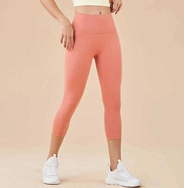 

lu-27 high waist capris yoga pants women's back pocket nude sports fitness gym leggings running exercise tights, White;red