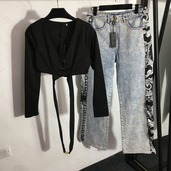 

fashion women jeans blouse high waisted printed pants long sleeved pullover high street denim pants set, Gray
