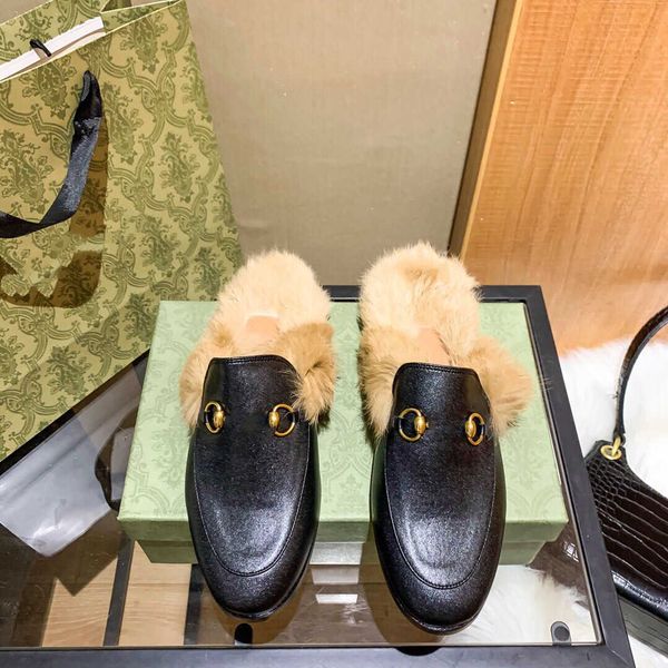 

slippers in autumn and winter 2023 g family's new wool slipper women wear half mop muller lazy shoes and rabbit hair leather baotou fla, Black