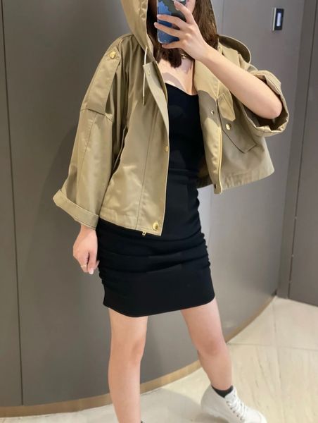 

2023 new fashion women khaki colour loose hooded jacket wide sleeve oversize solid lapel basic jacket coat female casual outwear, Black;brown