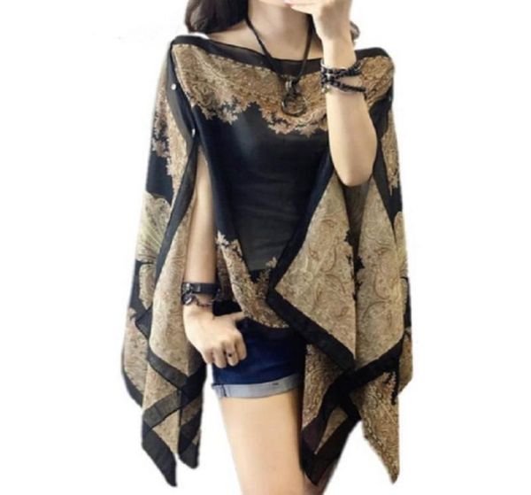 

women blouses summer slash neck irregular hollow out casual chiffon shirt beachwear cover up loose printing sunproof9358926, White