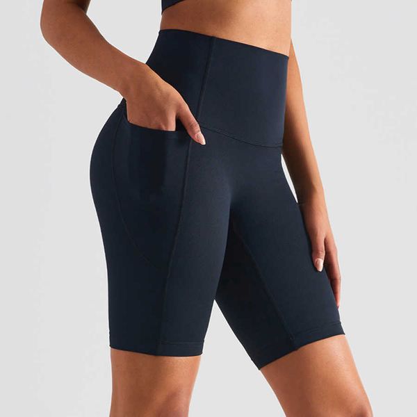 

yoga summer sport lulu 8" bare naked feel biker gym wear women high waist no front seam workout exercise pocket lemon exercise athletic