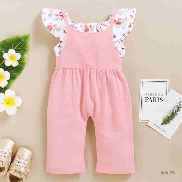 

clothing sets girl set 1-5years kids baby girl clothes set floral print lotus leaf short suspender pant 2pcs outfit r230816, White