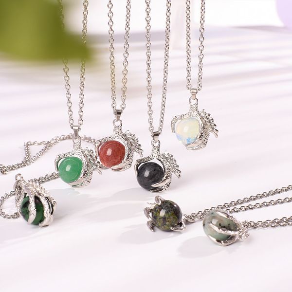 

natural stone dragon claw pendant necklace amethyst rose quartz healing crystal necklace for women men jewelry, Silver