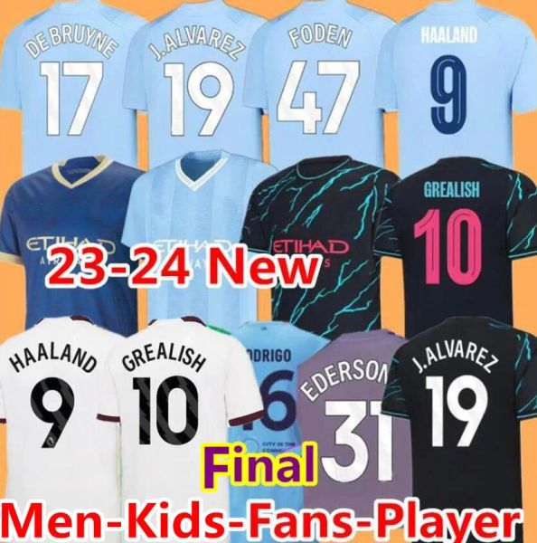 

23 24 erling haaland mans cities soccer jerseys phillips grealish de bruyne foden 2023 2024 football shirts men kids kit alvarez final rodri, Black;yellow