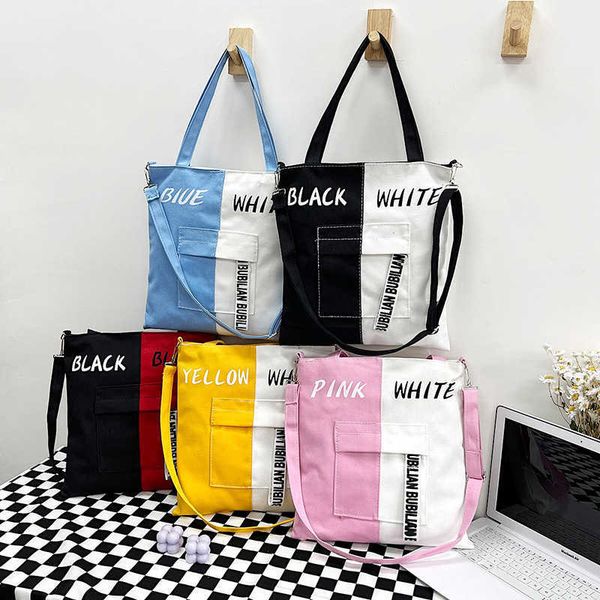 

totes new korean canvas bag women's ins panel contrast color one shoulder oblique cross fashion versatile shopping