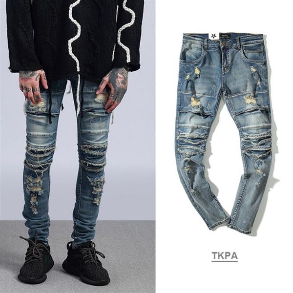 

high street men ripped slim fit knee cuts distressed long pants vintage light blue trousers275k