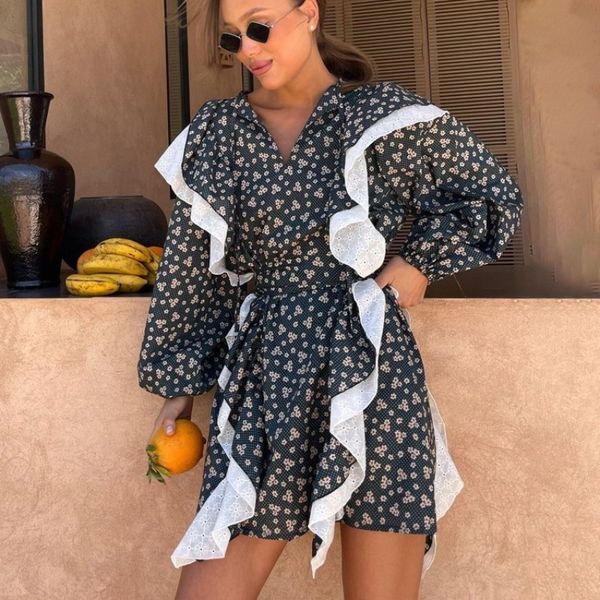 

basic casual dresses women fashion loose print dress ladies casual vneck long sleeve mini dress elegant high waist ruffle dresses 230815, Black;gray