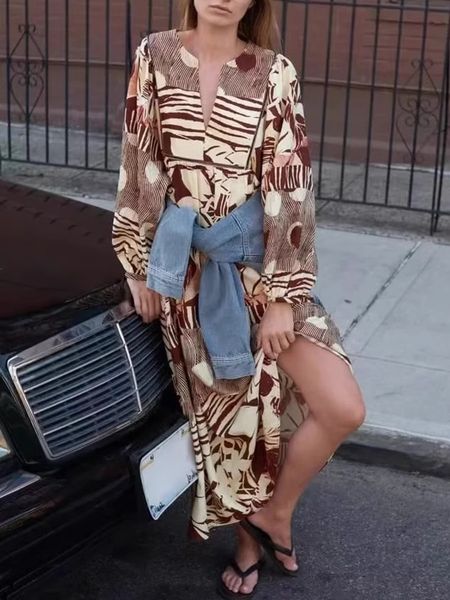 

basic casual dresses leisure floral print midi dresses vneck long sleeve loose long vestidos summer holiday style casual dress chic 230815, Black;gray