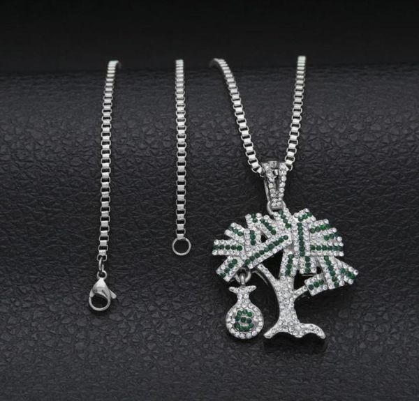 

new money usd bag tree hip hop dollars tree full cz iced out pendant necklace with 24inch cuba box chain necklace for men women gi6620054, Silver