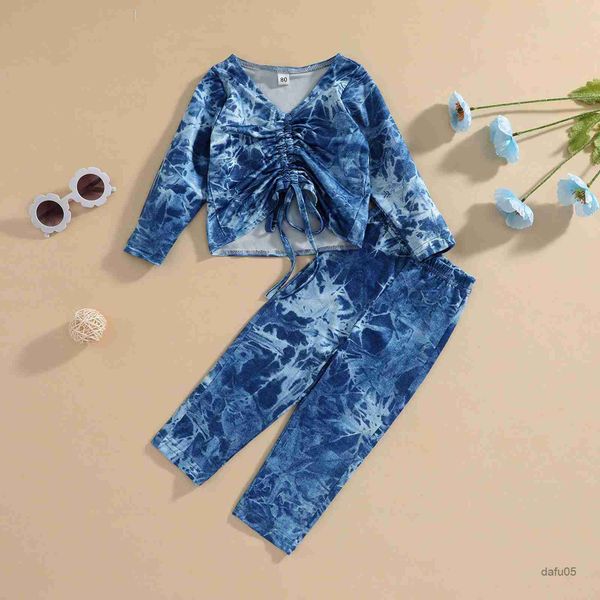 

clothing sets 1-6y summer fashion kids girls 2pcs clothes sets tie-dye printed long sleeve bandage shirts+pants clothing r230816, White