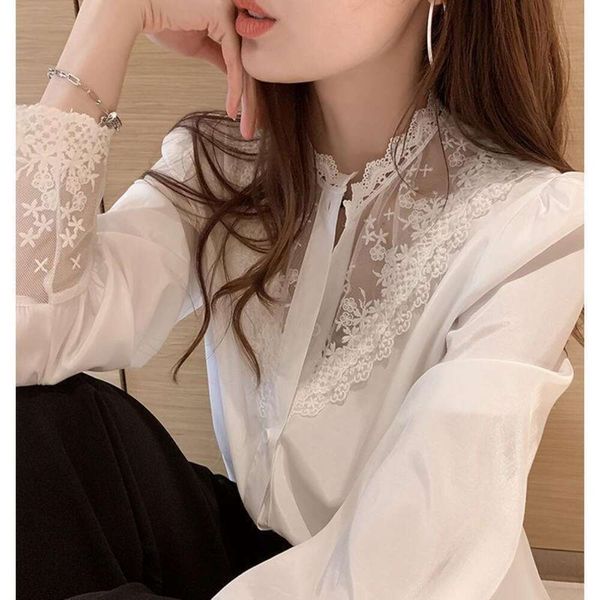 

lace base shirt for women spring and autumn design niche interior western style scheming stitching chiffon, White