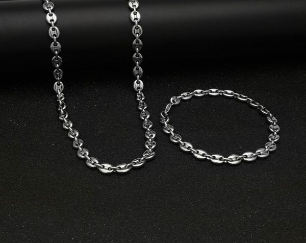 

316l stainless steel coffee bean chain 22quotnecklace and 8quotbracelets fashion hip hop jewelry set gold chain for men8159529, Silver
