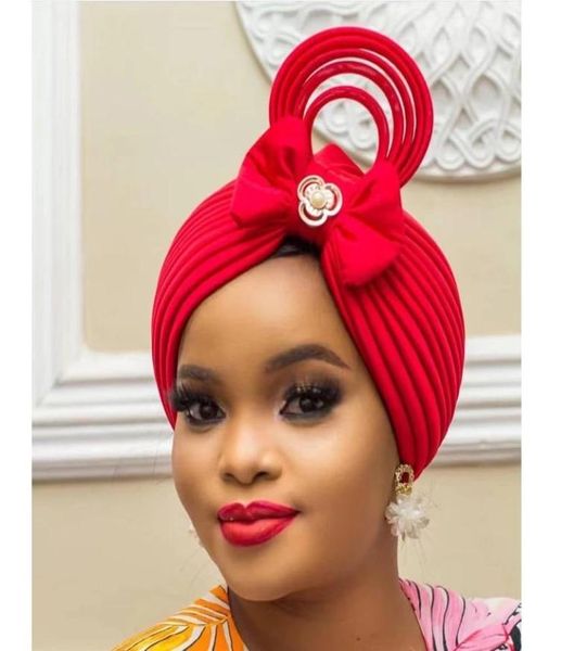 

ethnic clothing fashion bow african auto gele headtie nigerian wedding muslim turban cap arab india hat women wrap head turbante m8807493, Red