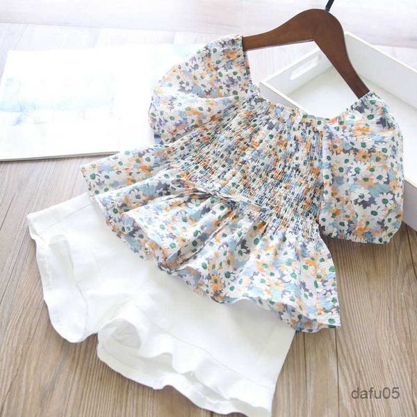 

clothing sets new girls clothing sets fashion style puff sleeve floral shorts summer casual chiffon baby kids clothes suits r230816, White