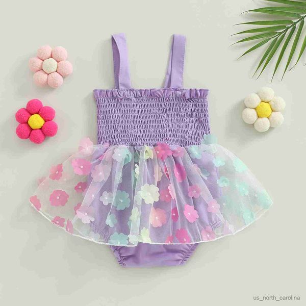 

girl's dresses infant girls romper dress flower print mesh skirt hem ruched jumpsuits summer newborn clothes baby cami bodysuits r23081, Red;yellow