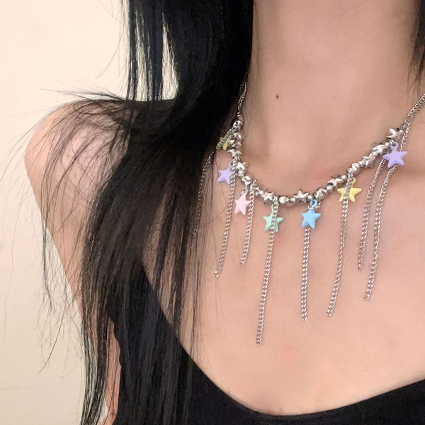 

sweet and cool spicy girls colorful star collar chain tassel necklace, small design, advanced feeling neckchain, Silver