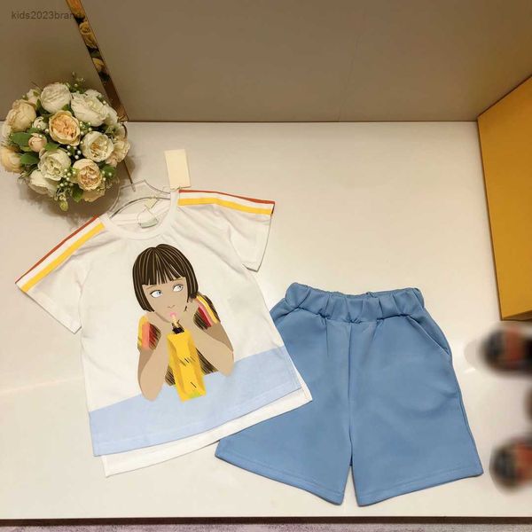 

designer baby summer suit kids tracksuit size 100-160 cm 2pcs cartoon character printed colorful striped t-shirt and blue shorts july10, White