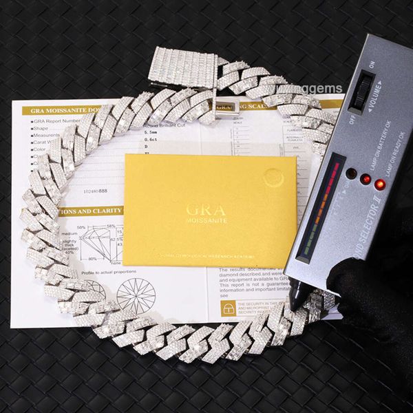 

custom 22mm baguette chain sterling sier d white baguette and round moissanite cuban link chain mans necklace, Silver