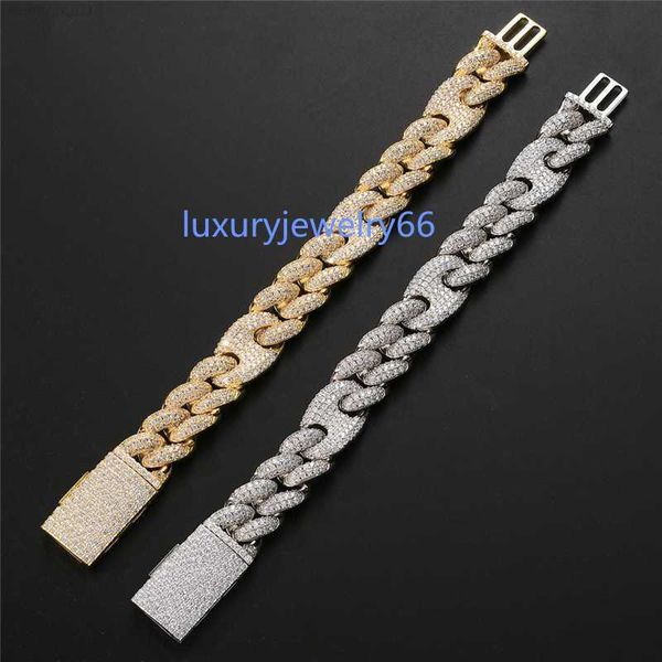 

brass moissanite rhombus cuban diamond bracelet micro inlay zircon hip hop king chain 14mm strip dense diamonds, Silver