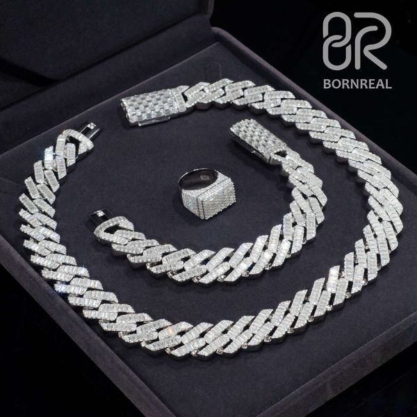 

pass diamond tester ice out baguette moissanite hip hop sier jewelry set cuban link chain bracelets necklace and ring for man, Silver