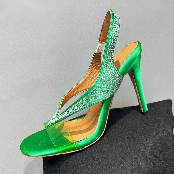 

sandals 2023 runway thin high heel rhinestone women transparent pvc narrow band crystal sandalias summer party dress shoes, Black