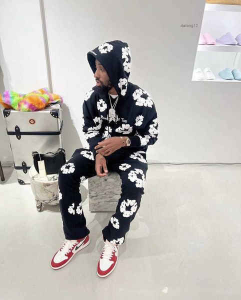 

men's hoodies winter readymade foam flower co branded denim tears women puff printed distressed pullover cap embroidery white kapok tid, Black