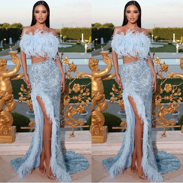 

light blue sequins prom dresses ostrich feather strapless mermaid evening gowns custom made high split special occasion dress, Black